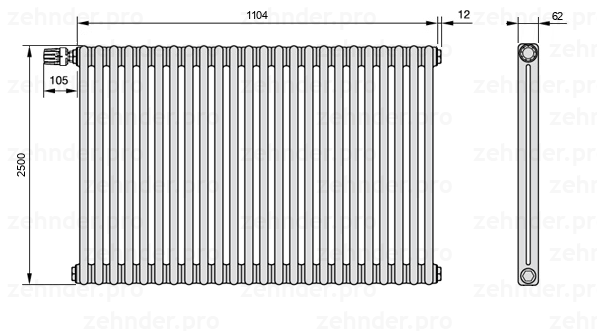 Схема (чертеж) Радиатор Zehnder Charleston 2250/24 №V012 Белый глянцевый RAL 9016